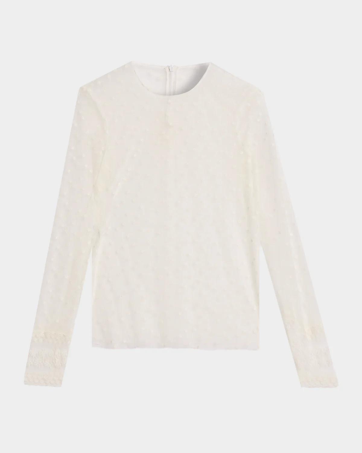 Alberta Ferretti Lace-Trim Dotted Tulle Long-Sleeve Blouse