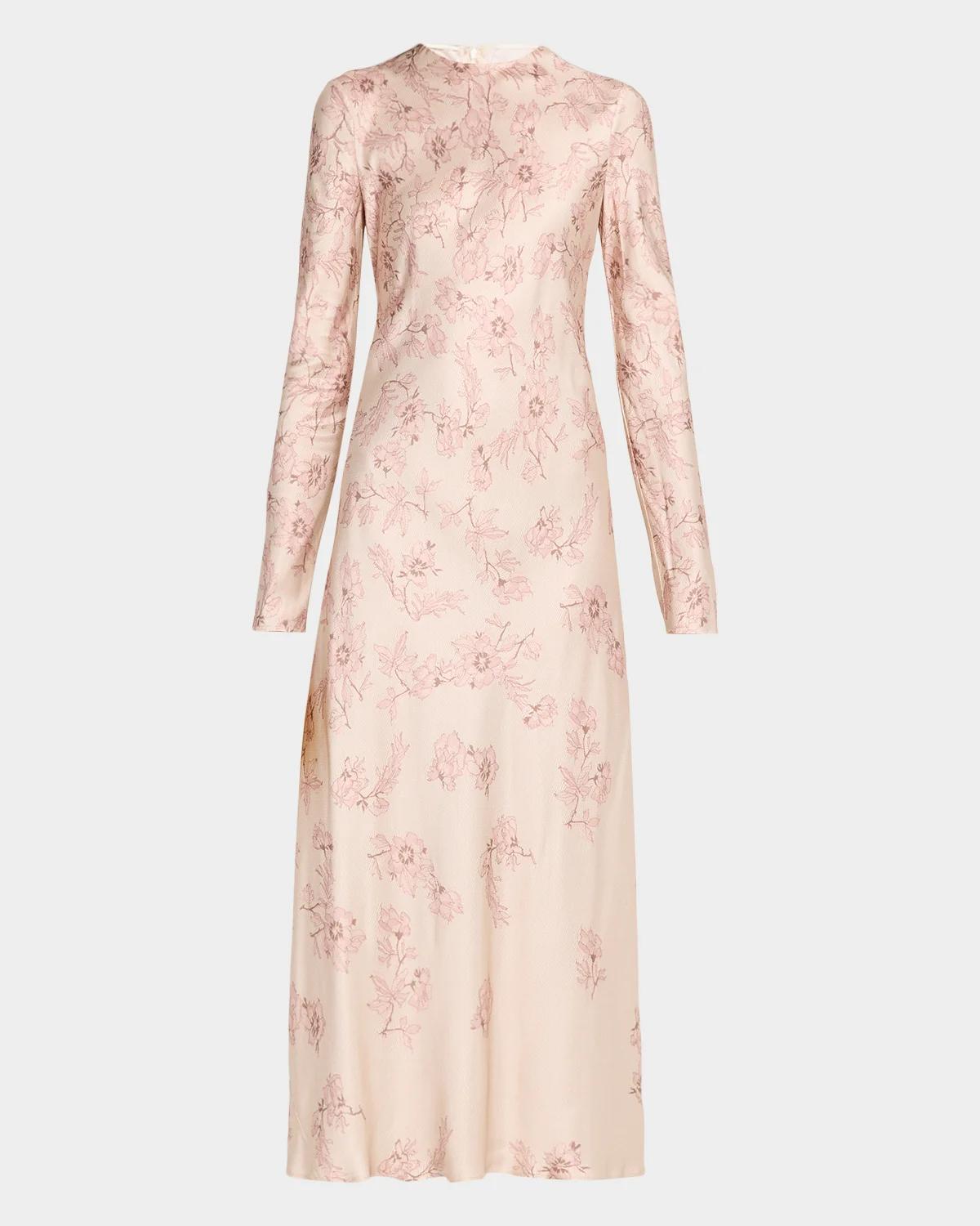 Alberta Ferretti Degrade Floral-Print Satin Long-Sleeve Ankle Dress