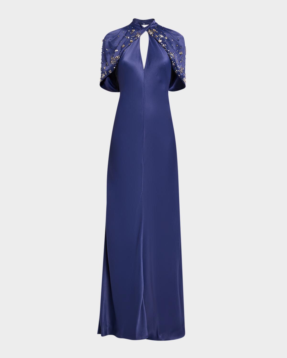 Alberta Ferretti Embellished Capelet-Sleeve Keyhole Satin Gown