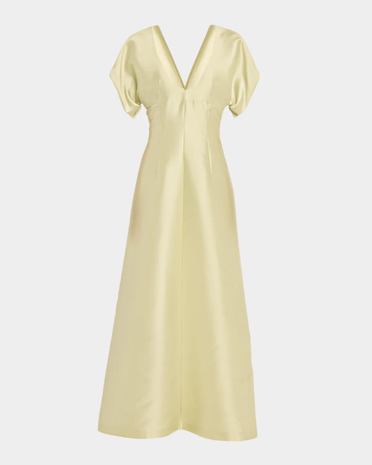 Alberta Ferretti Pleated V-Neck Short-Sleeve Silk Maxi Dress