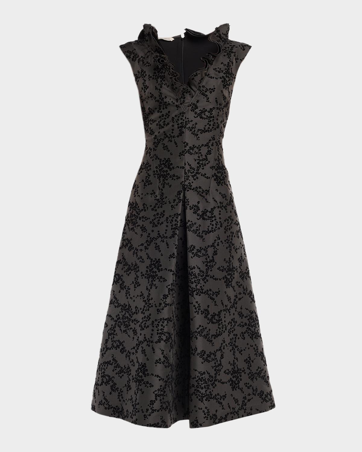 Alberta Ferretti Ruffle V-Neck Floral Flocked Mikado Midi Dress