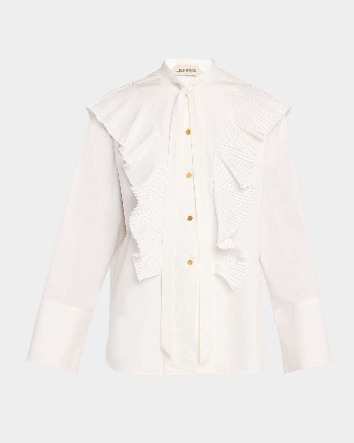 Alberta Ferretti Neck-Tie Plisse Ruffle Cotton Button-Down Blouse
