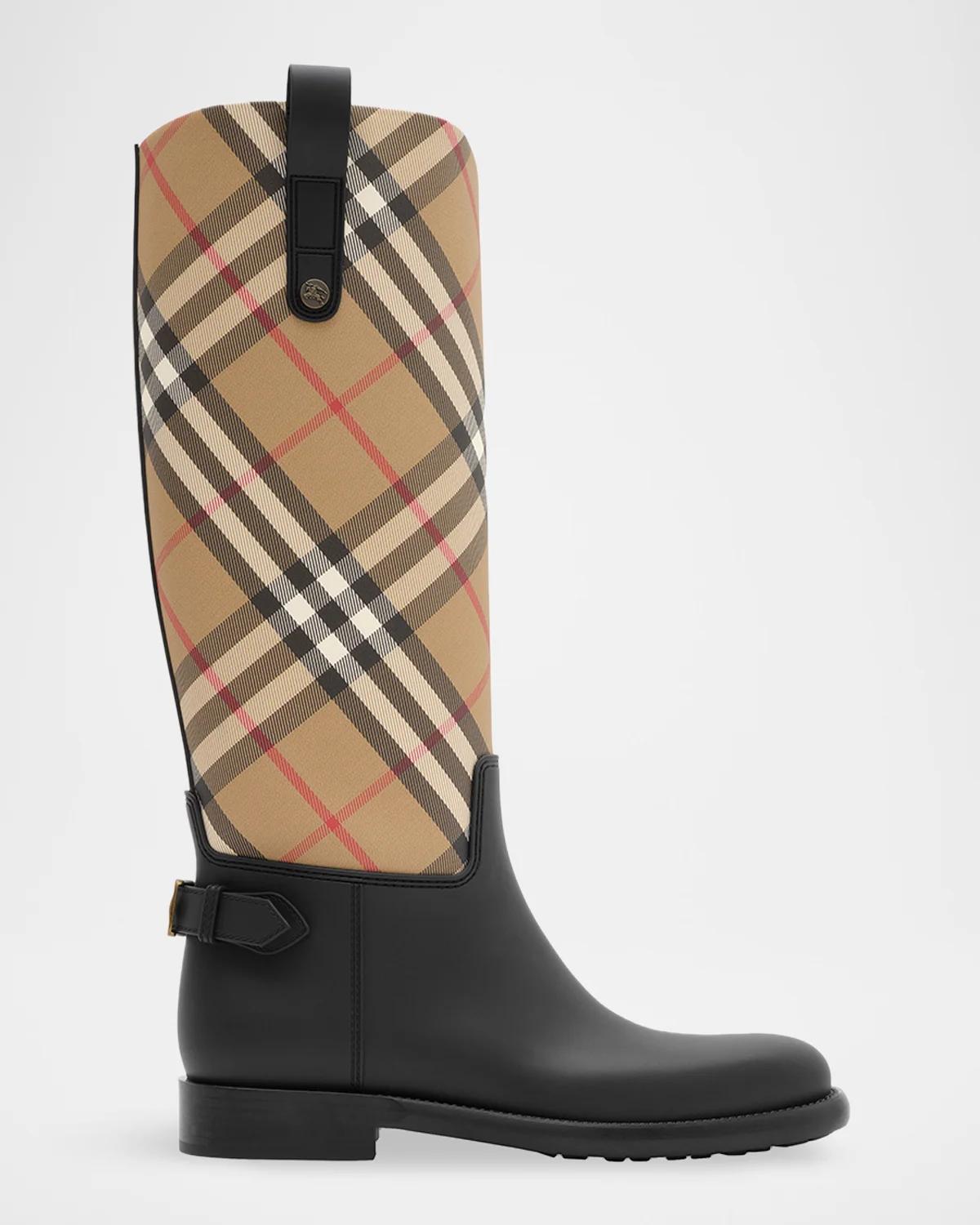 Burberry Cavalier Rubber  Check Knee-high Rain Boots In Archive Be