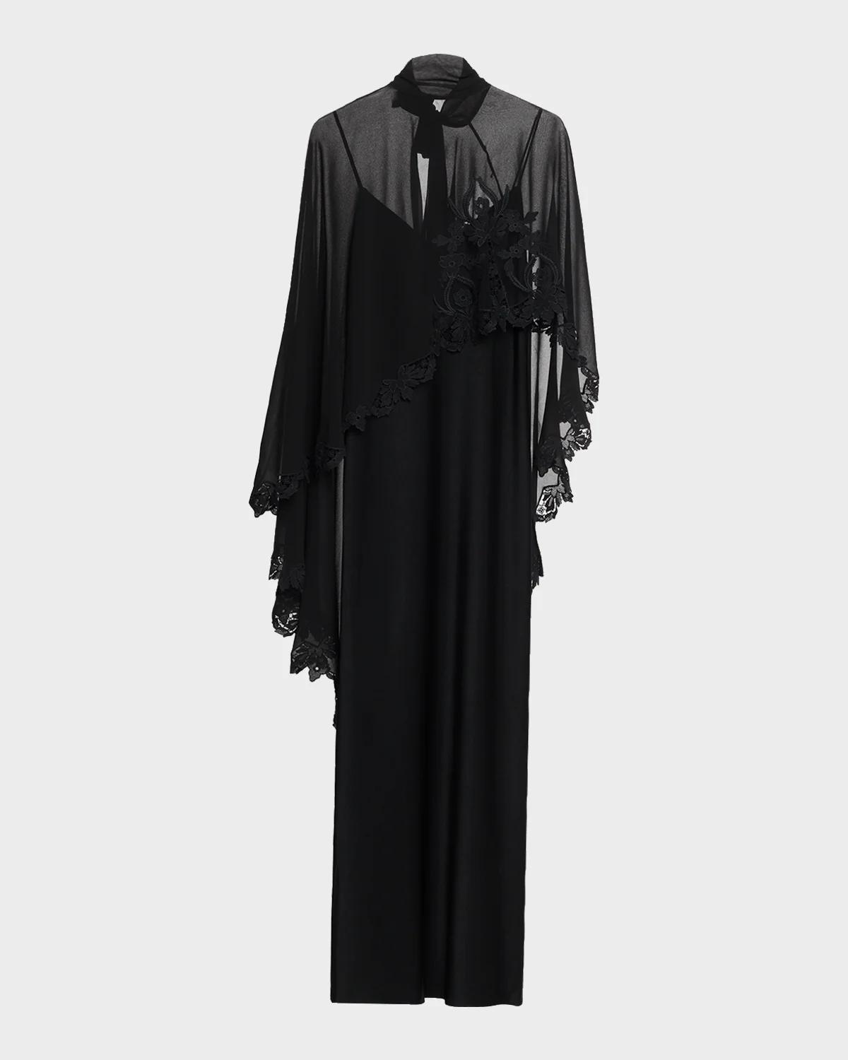 Kobi Halperin Carmen Satin A-Line Cape Maxi Dress