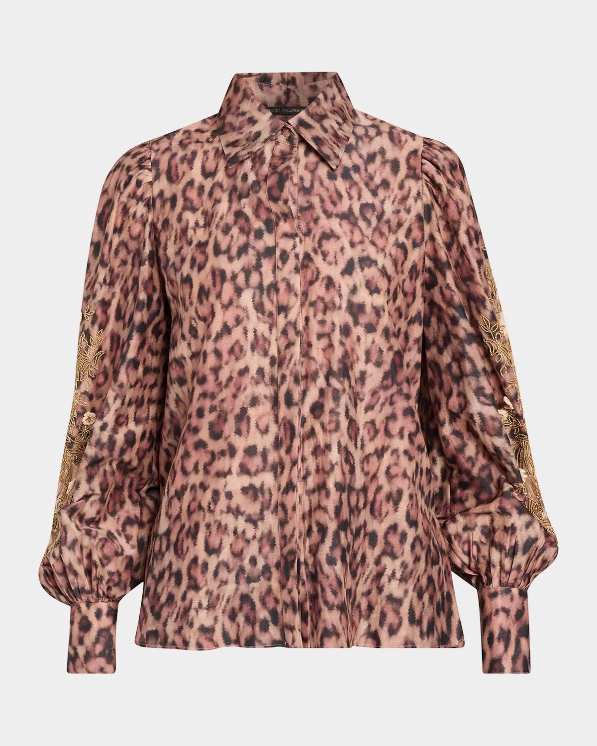 Kobi Halperin Lizzie Beaded Animal-Print Blouse
