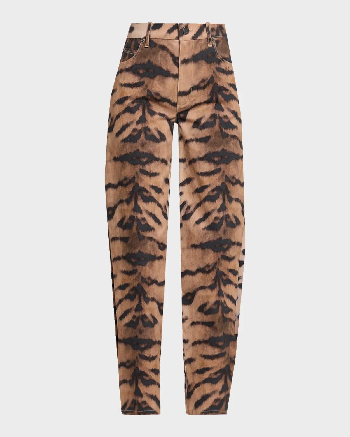 Kobi Halperin Hallie Tiger-Print Tapered Barrel-Leg Jeans