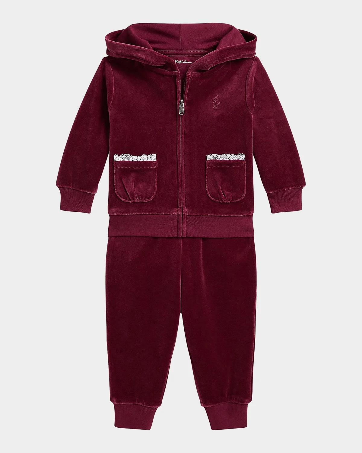 Polo Ralph Lauren Baby Girls' Lace Trim Velour Hoodie and Jogger Pants, 2-Piece Set - Aubergine