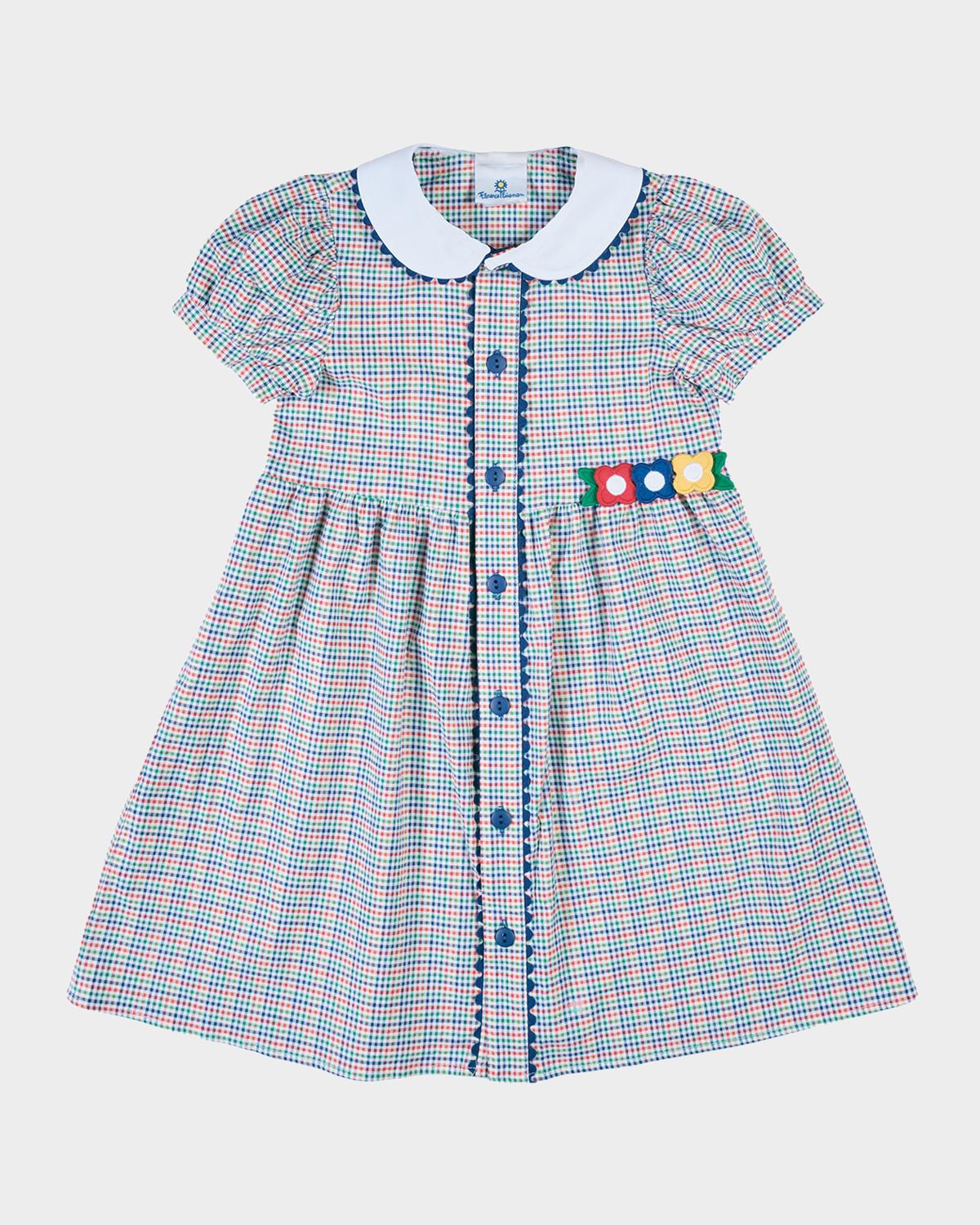 Girl & apos;s Flower Appliqué Multicolor Plaid Dress, Size 12M-24M