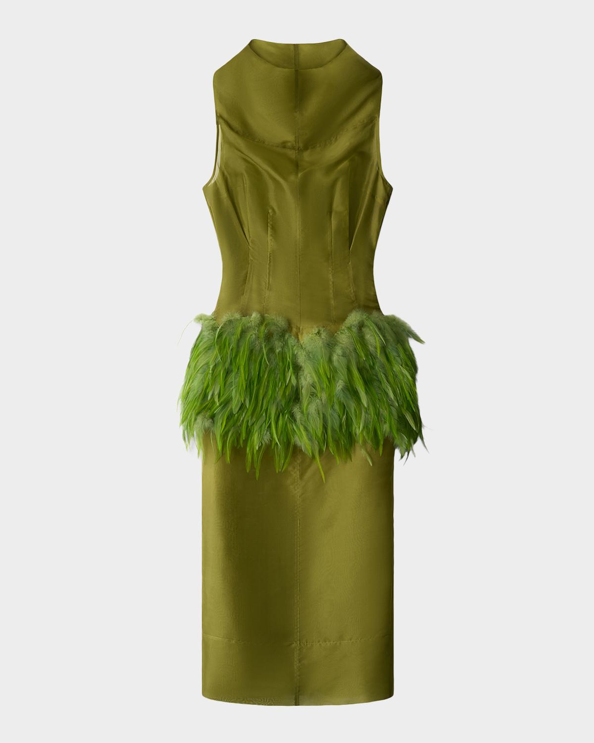 STAUD Bisou Feather-Trim Midi Dress