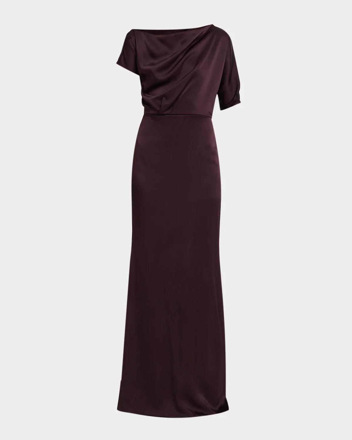 Kiton Asymmetric Draped Satin Short-sleeve Trumpet Gown In Aubergine