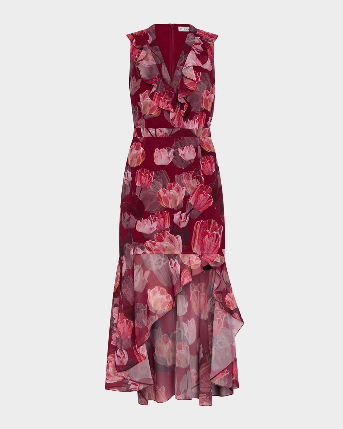 Milly Nanci Floral High-Low Ruffle Midi Dress
