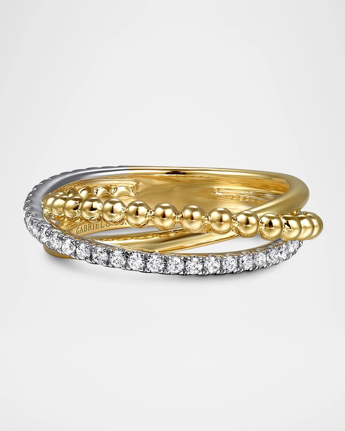 Bujukan 14K White and Yellow Gold Diamond Criss Cross Ring