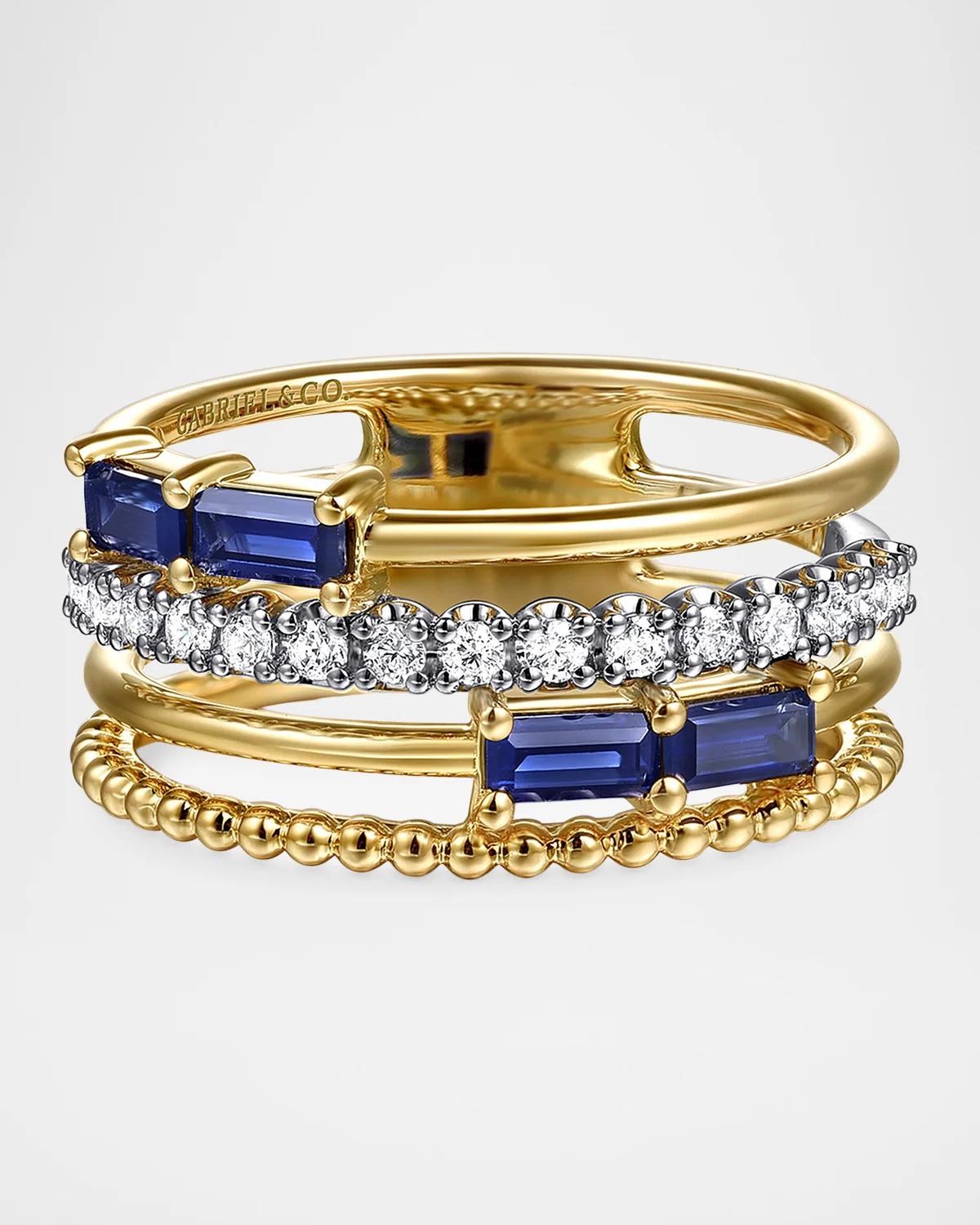 Bujukan Two-Tone 14K Gold, Blue Sapphire &amp; 0.20 TCW Diamond Multi-Band Ring
