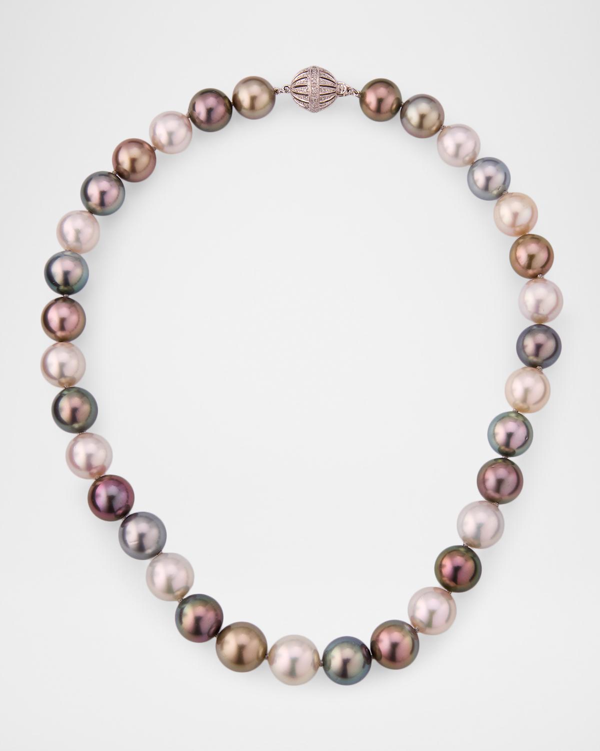 18K White Gold 33 Multi-Pearl Necklace with Diamond Clasp, 18"L