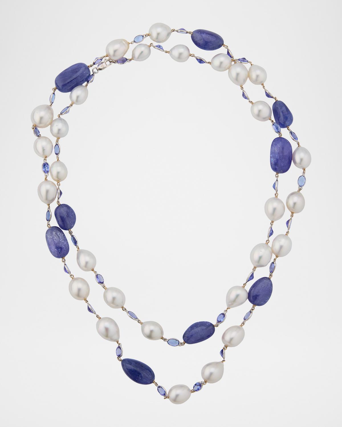 18K White Gold Tanzanite and Pearl Long Necklace, 40"L
