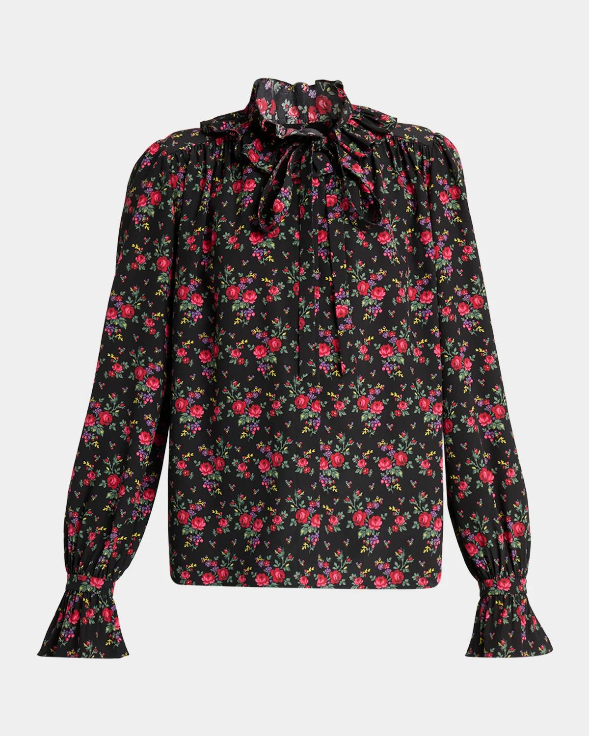 Black ruffled blouse in floral-print silk