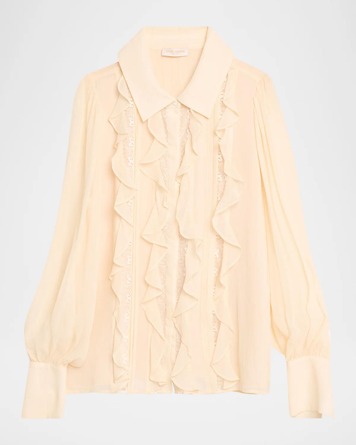 Ramy Brook Claire Ruffle Blouson-Sleeve Silk Blouse