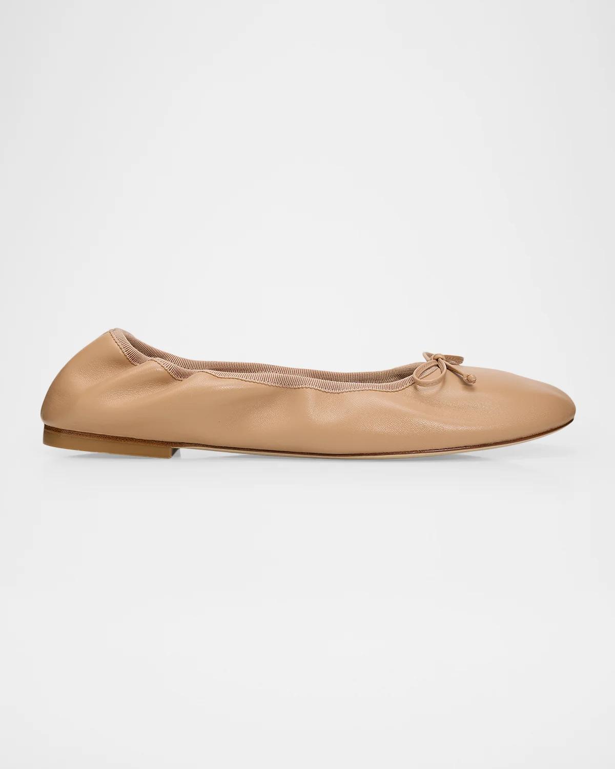Stuart Weitzman Nia Ruched Leather Ballet Flats In Adobe/luxe