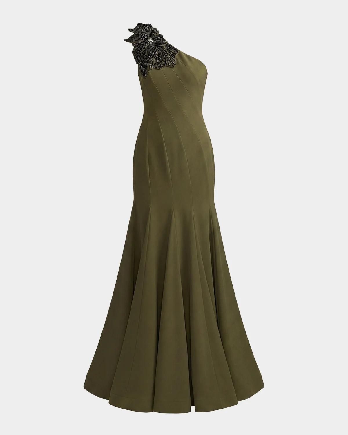 Seamed Crepe One-Shoulder Gown