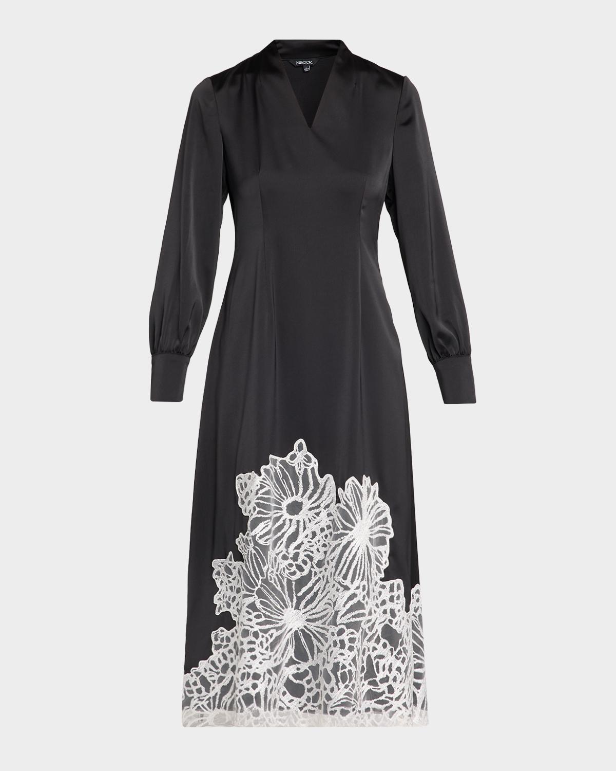 Misook Fit & Flare Lace Crepe de Chine Midi Dress