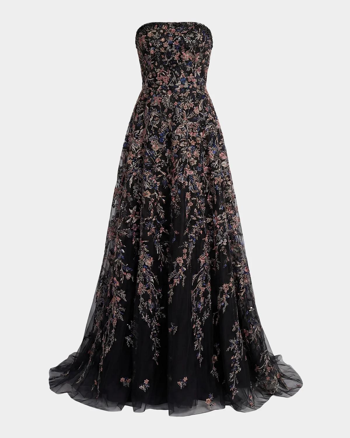 Mac Duggal Collection - Black Multi Strapless Floral Embroidered A-Line Gown - Black Multi / US 14
