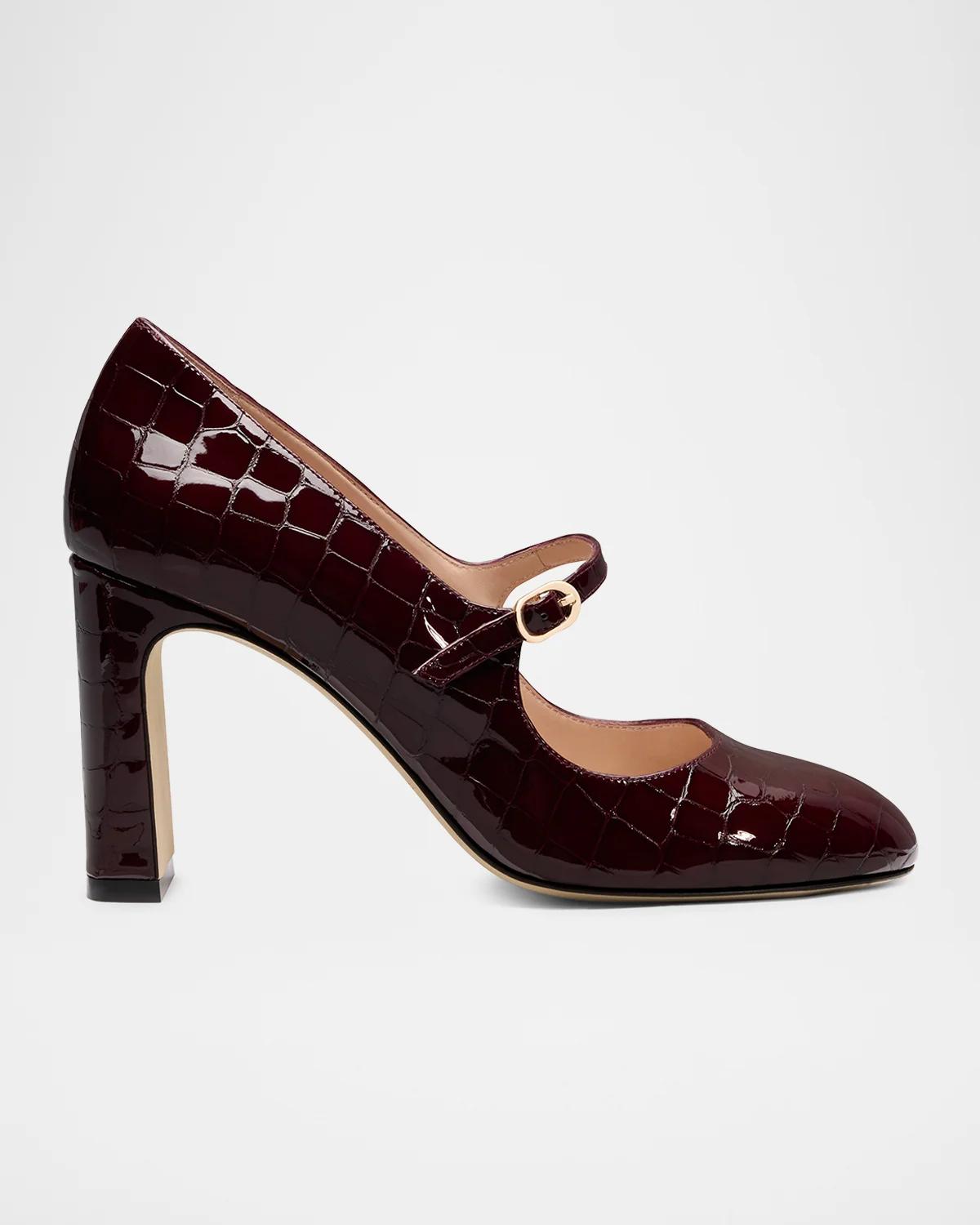 Stuart Weitzman 85mm Babette Croc-Embossed Patent Leather Mary Jane Pumps