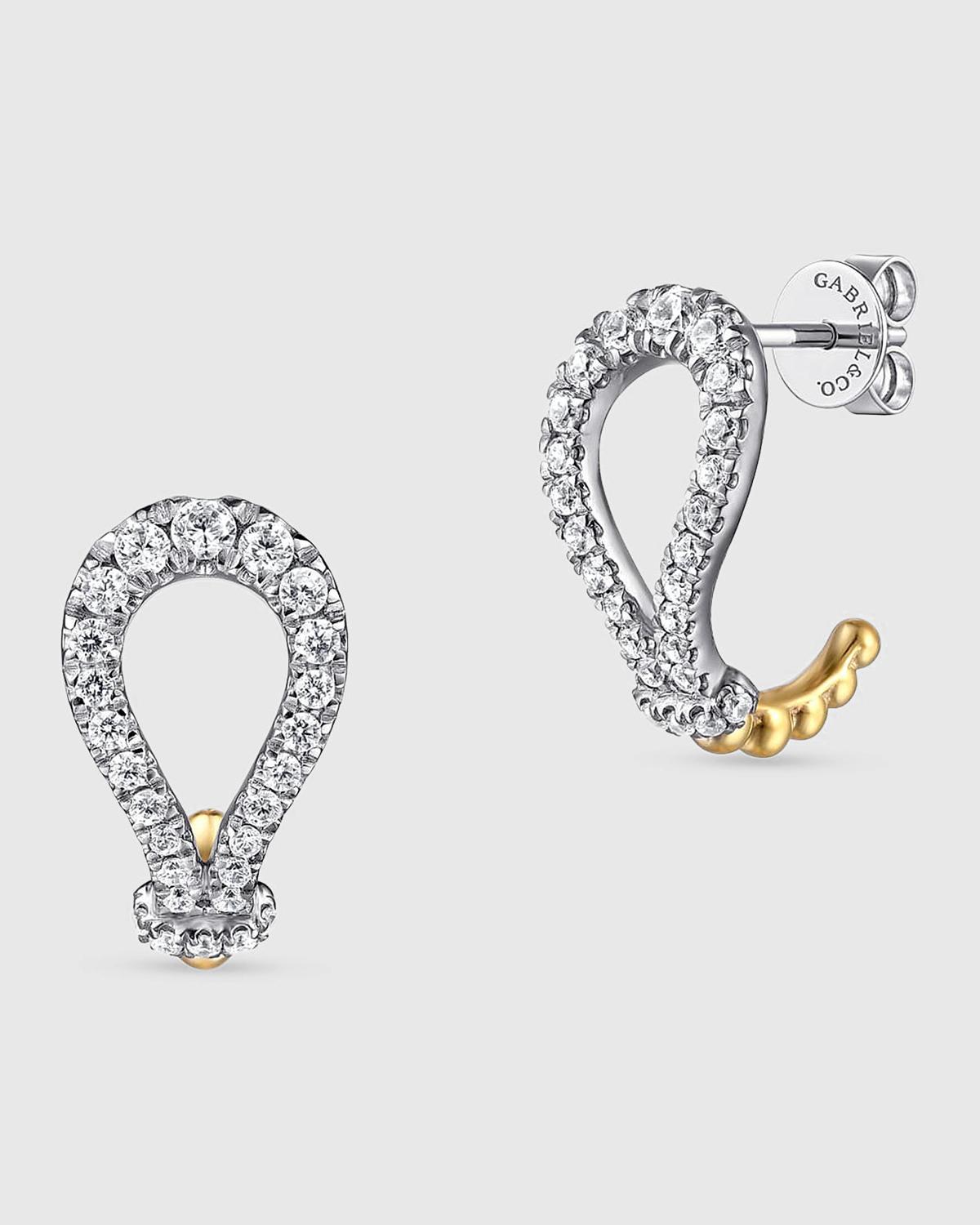 14K White and Yellow Gold Bujukan and Diamond Horseshoe J Hoop Earrings