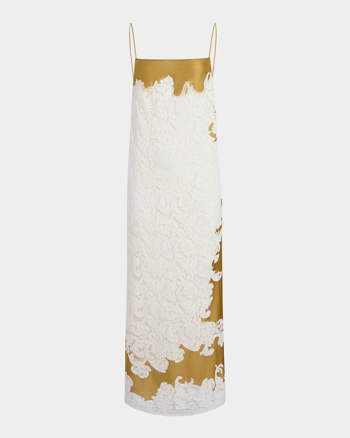 Khaite Nevis Sleeveless Lace & Satin Backless Maxi Dress