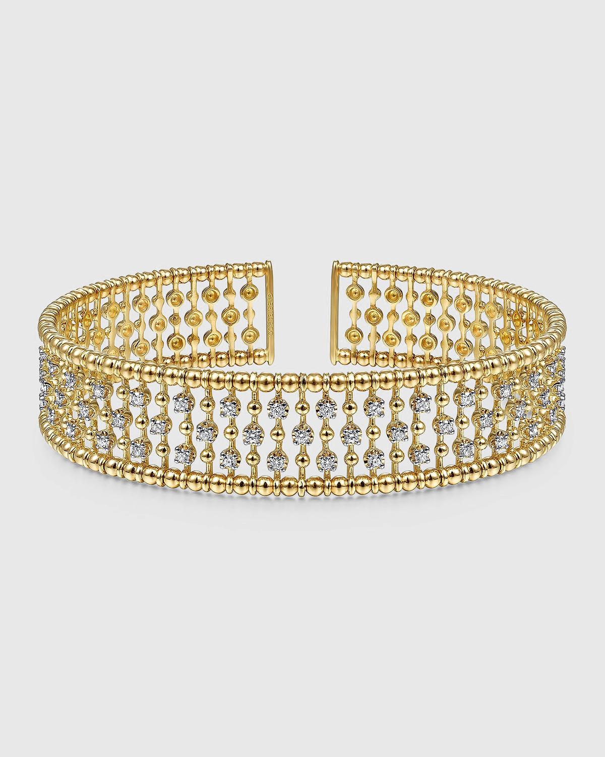 14K Yellow Gold Wide Diamond Cage Cuff Bracelet