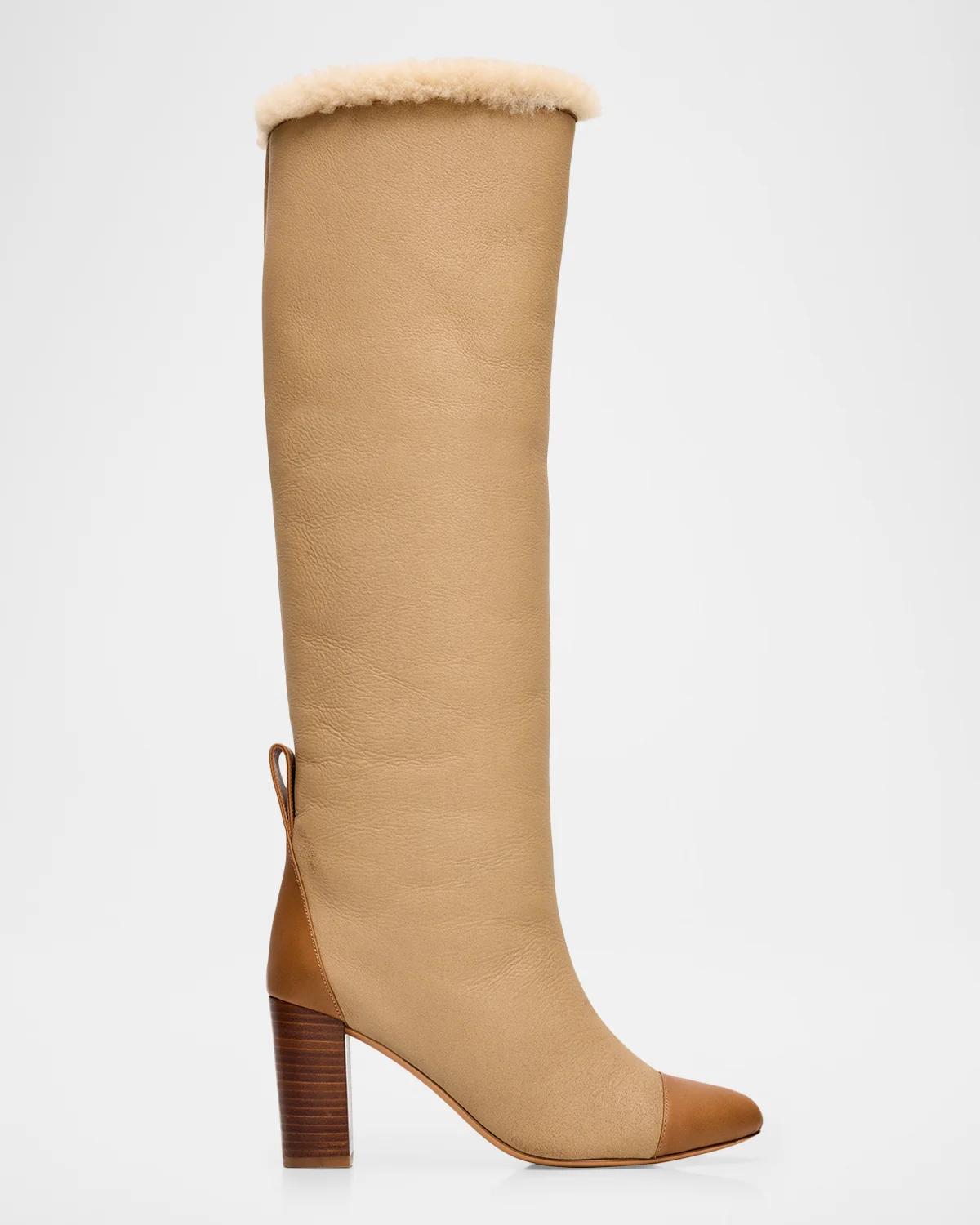 Odissi 80mm Lia Shearling-lined Leather Knee-high Boots In Light Sand