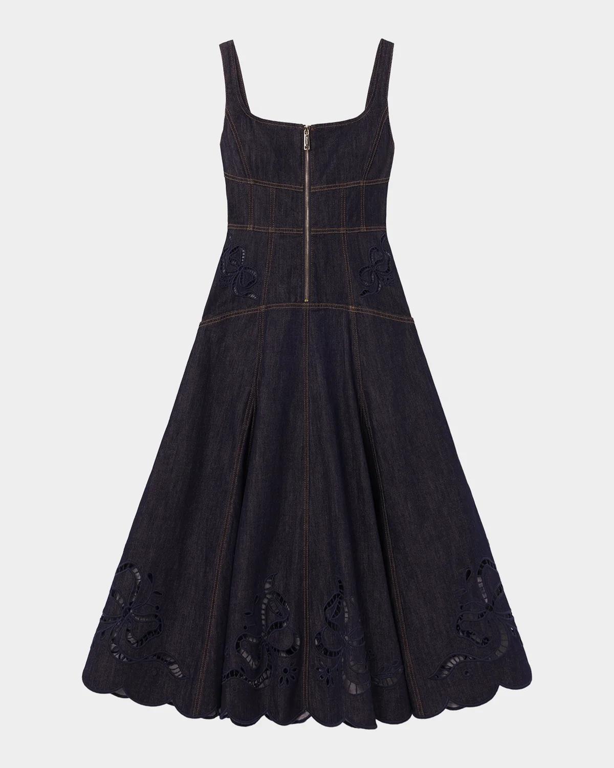 Self-Portrait Embroidered Denim Midi Dress