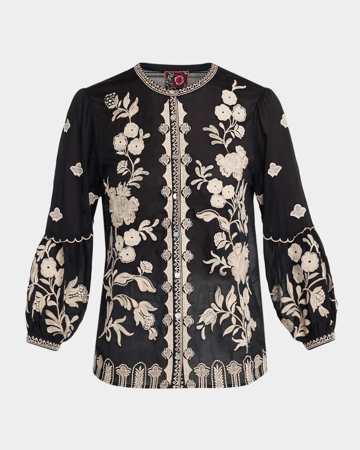 Johnny Was Scallop Embroidered Cotton Blouse
