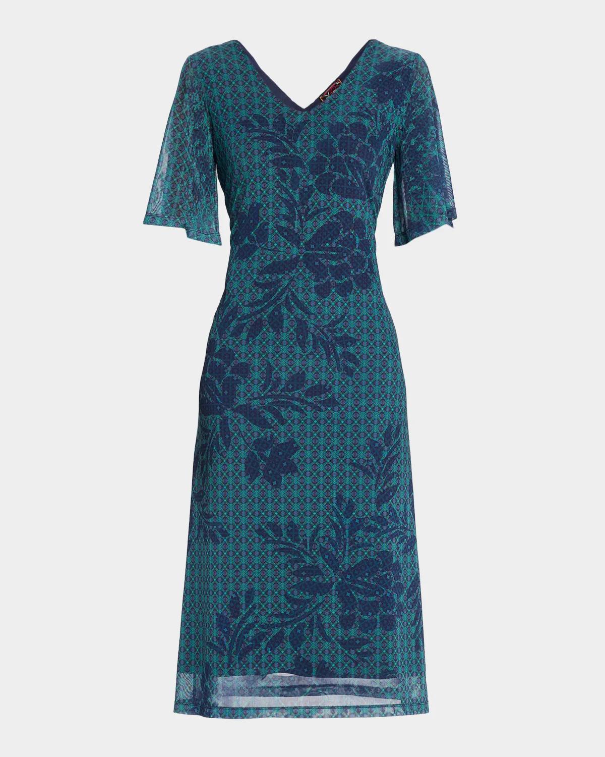 Johnny Was Geometric Floral Mesh Midi Dress