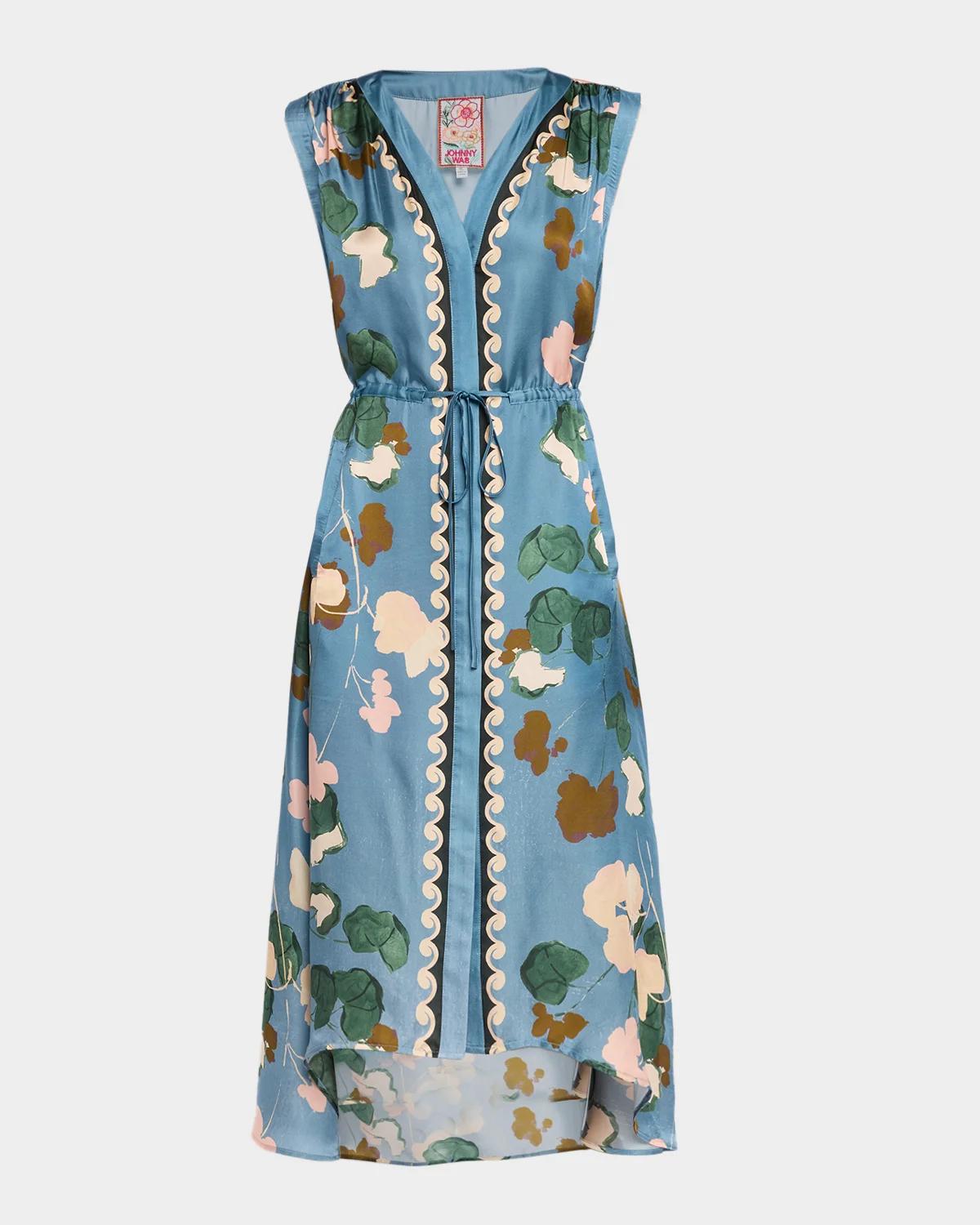 Johnny Was Axelle Floral Satin Midi Dress