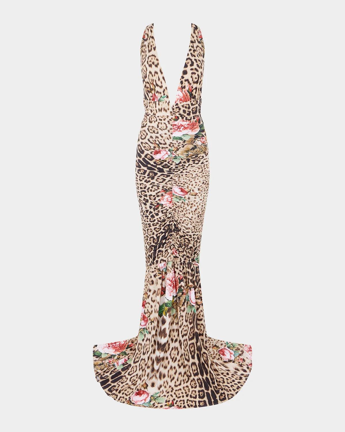 Roberto Cavalli Plunging Floral Leopard-Print Ruched Mermaid Maxi Dress