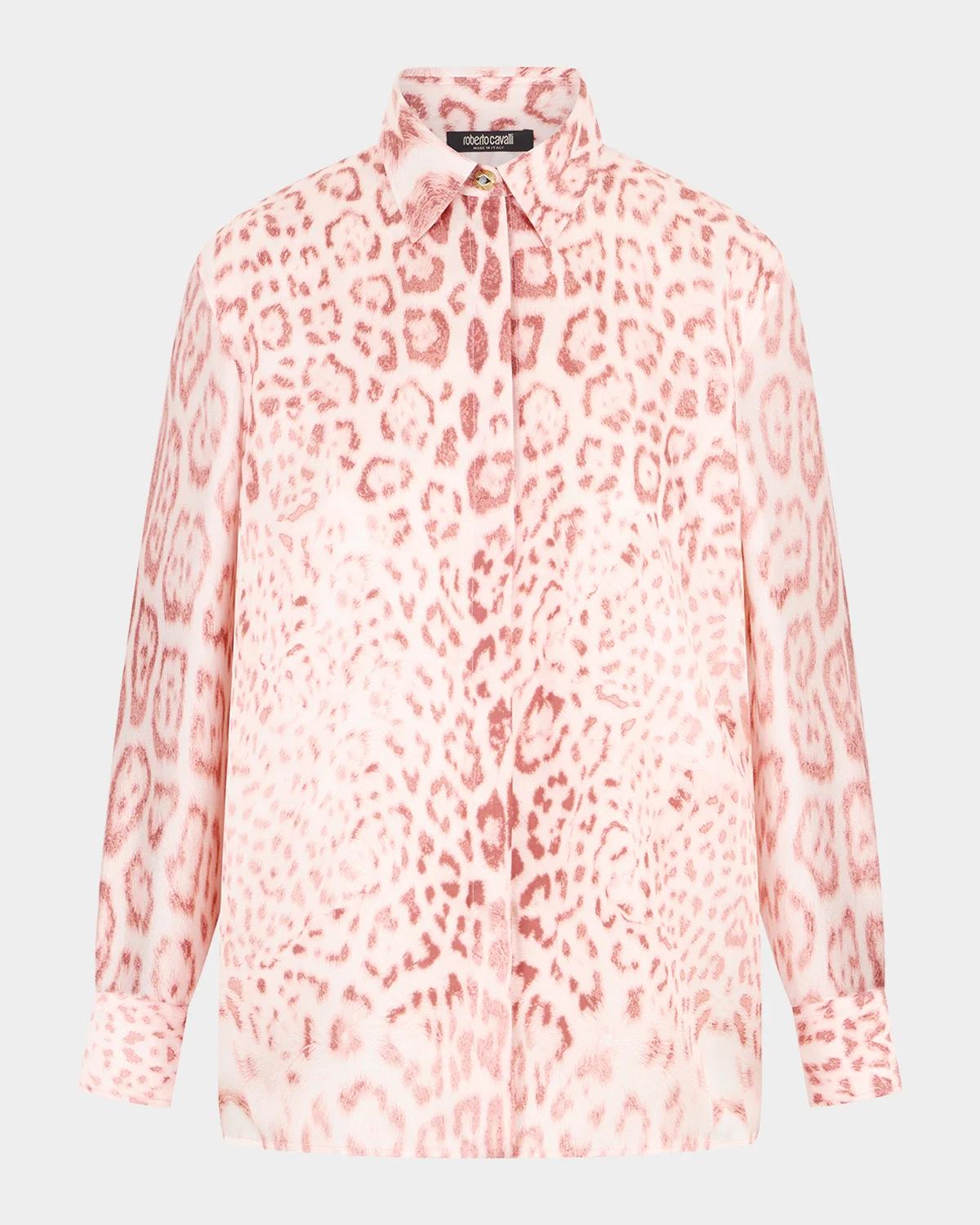 Roberto Cavalli Leopard-Print Silk Button-Down Shirt