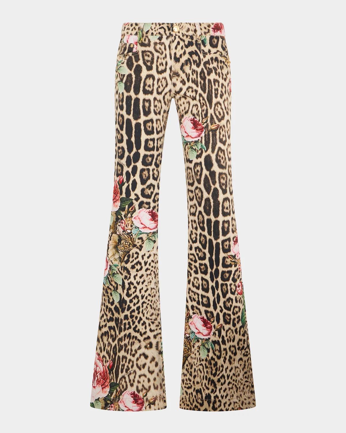 Roberto Cavalli Floral Leopard-Print Flared Denim Trousers