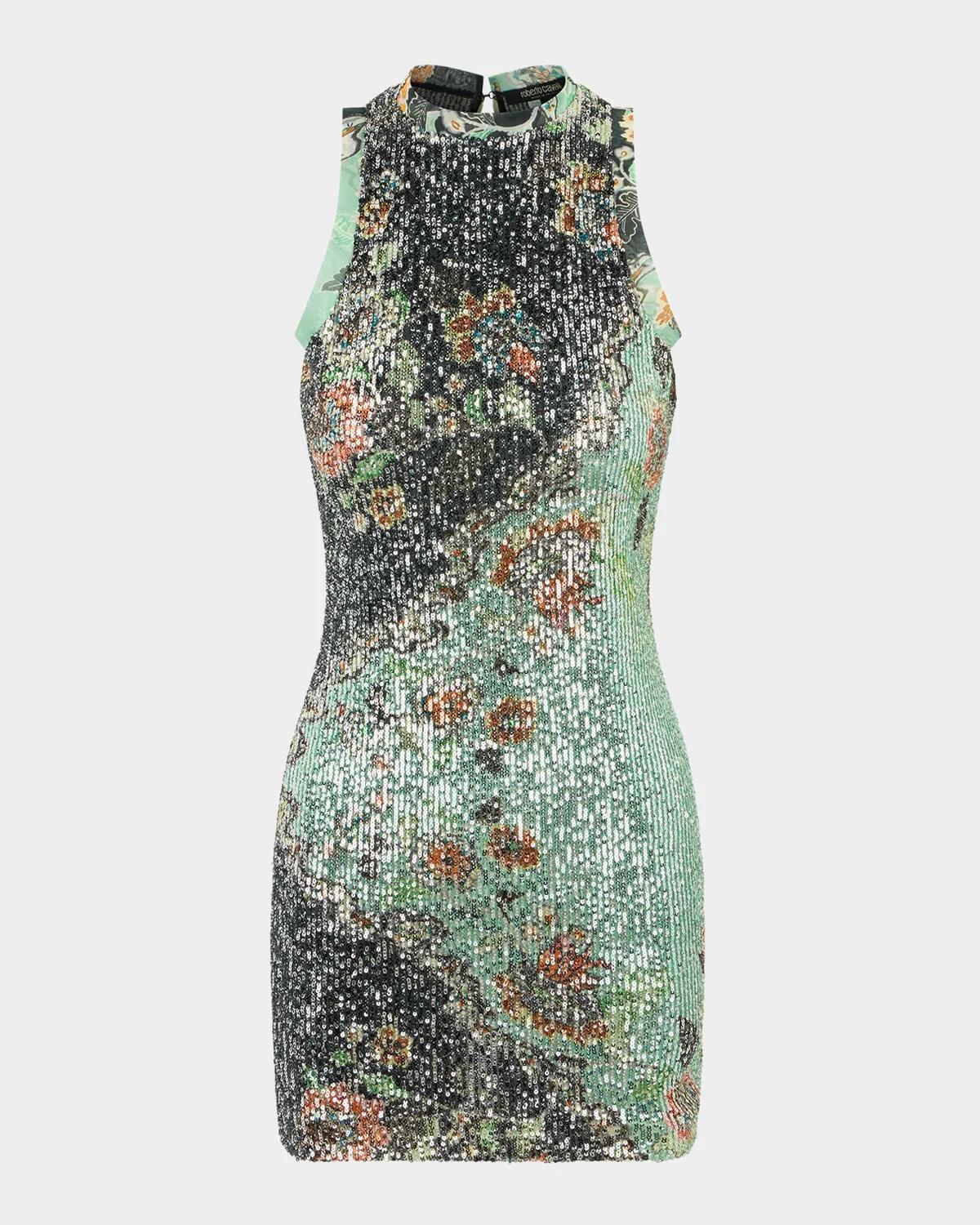 Roberto Cavalli Sleeveless Floral Sequined Stretch Mini Dress