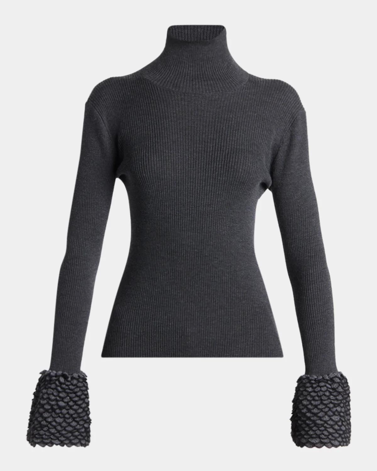 McQueen Wool Rib-Knit Scalloped-Cuff Top