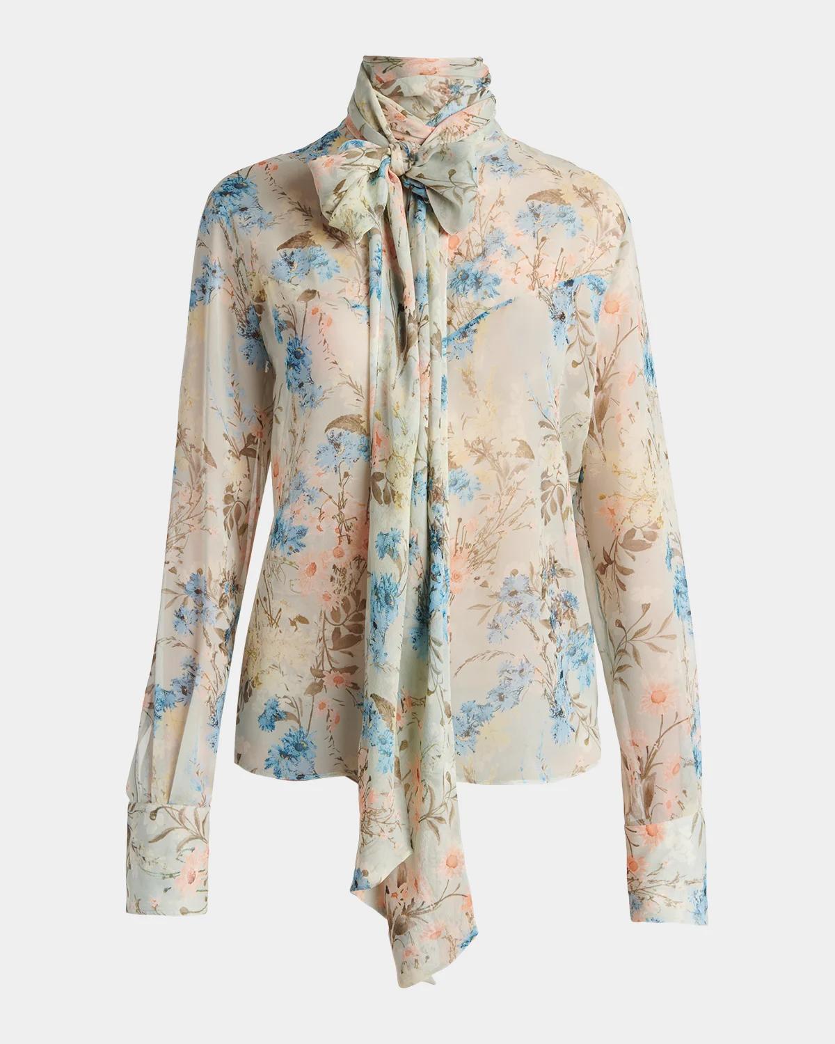McQueen Floral Tieneck Silk Blouse
