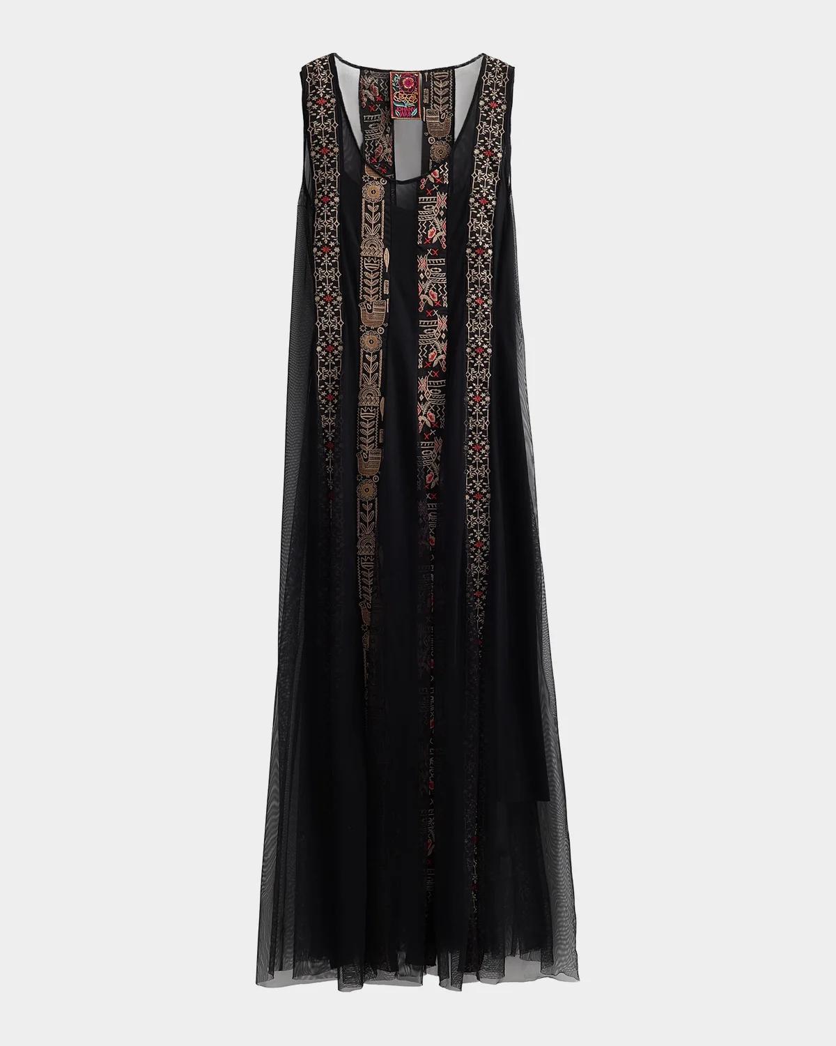 Johnny Was Ilenia Geometric Embroidered Mesh Maxi Dress