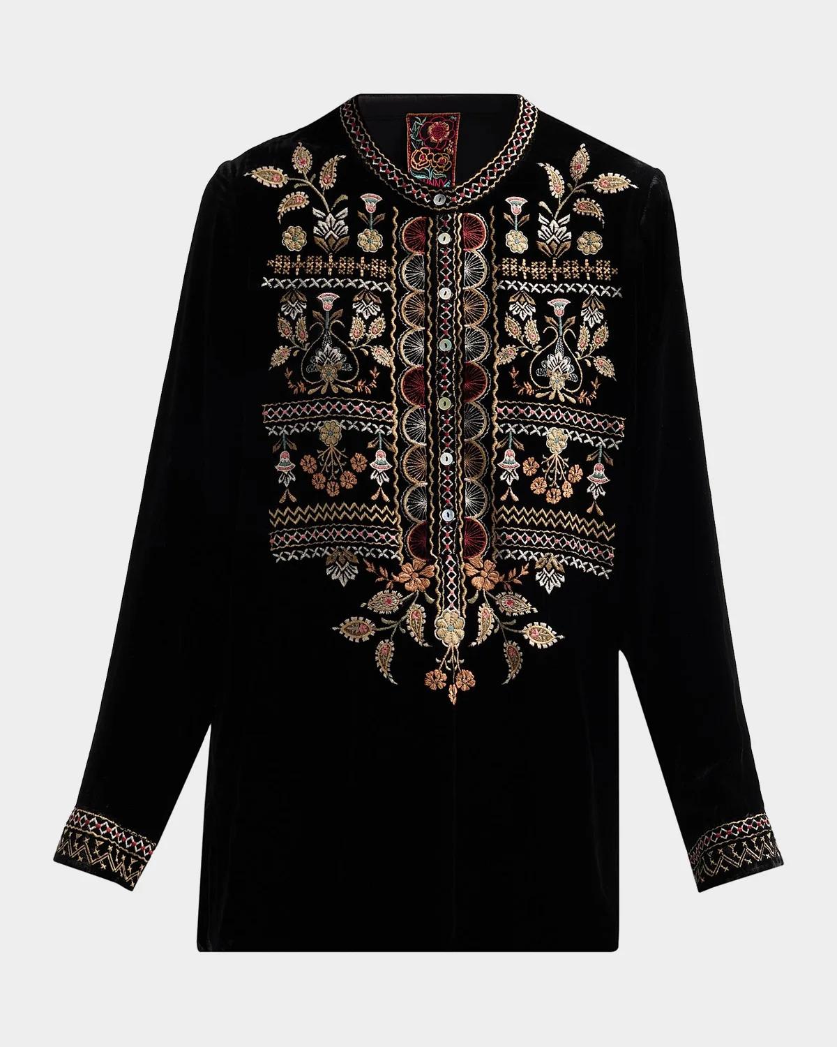 Johnny Was Floral-Embroidered Velvet Henley Tunic