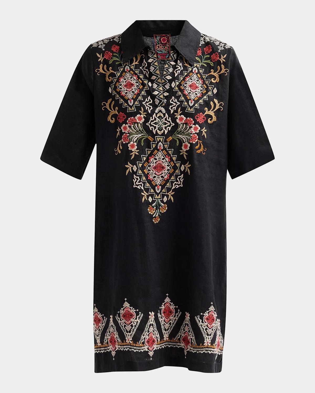 Johnny Was Embroidered Linen Mini Shift Dress