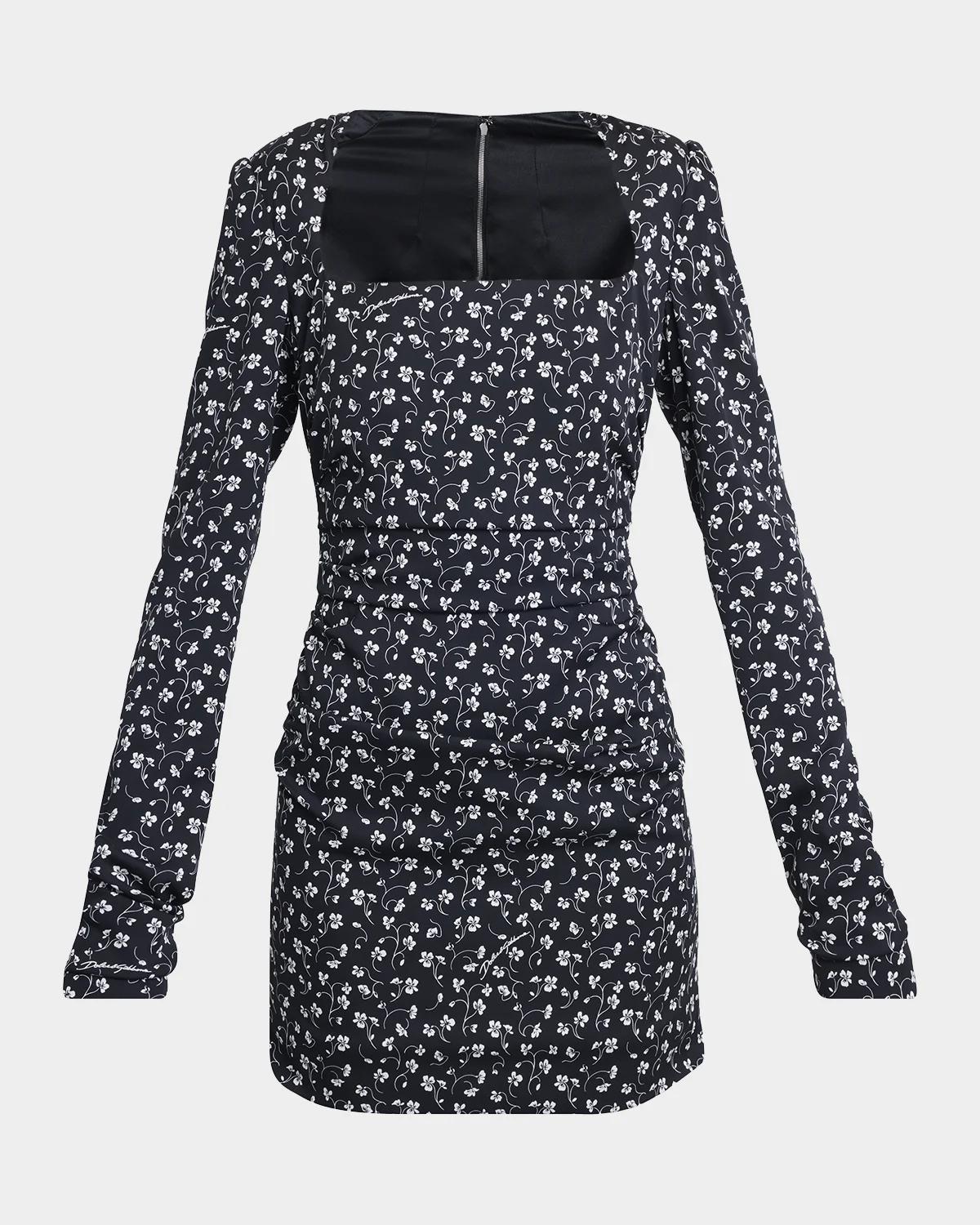 Floral-Print Silk Charmeuse Long-Sleeve Mini Dress