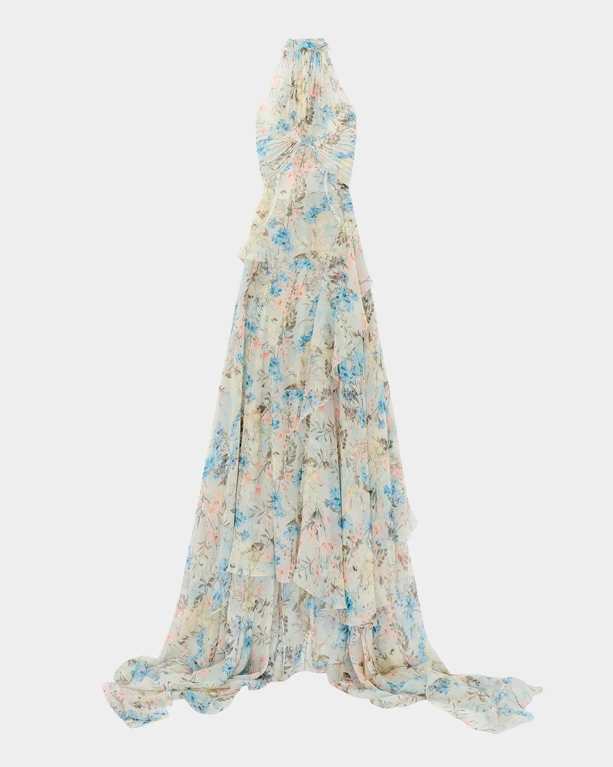McQueen Pleated Floral Silk Georgette Halter Evening Dress