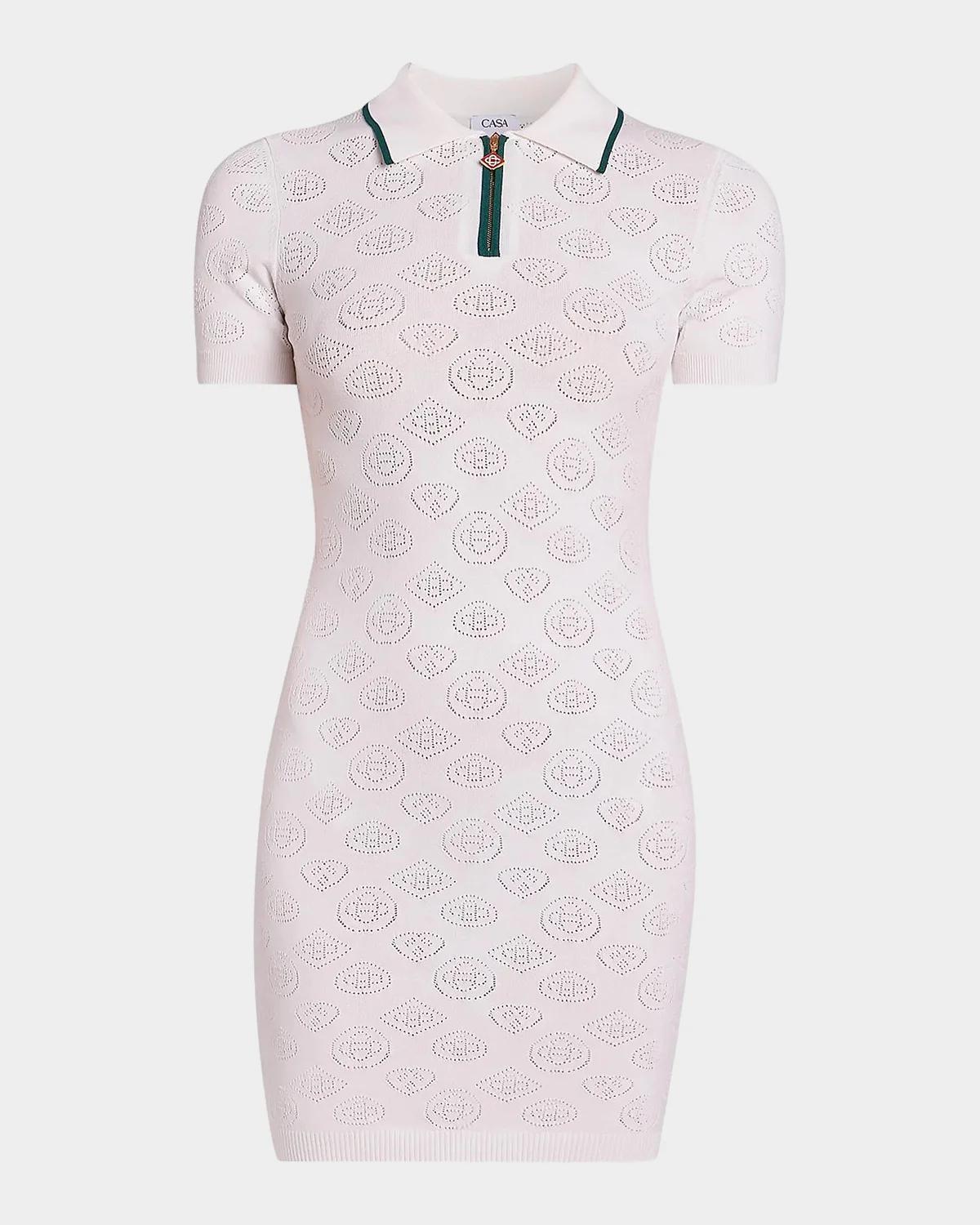 Casablanca Short-Sleeve Monogram Pointelle Knit Mini Polo Dress