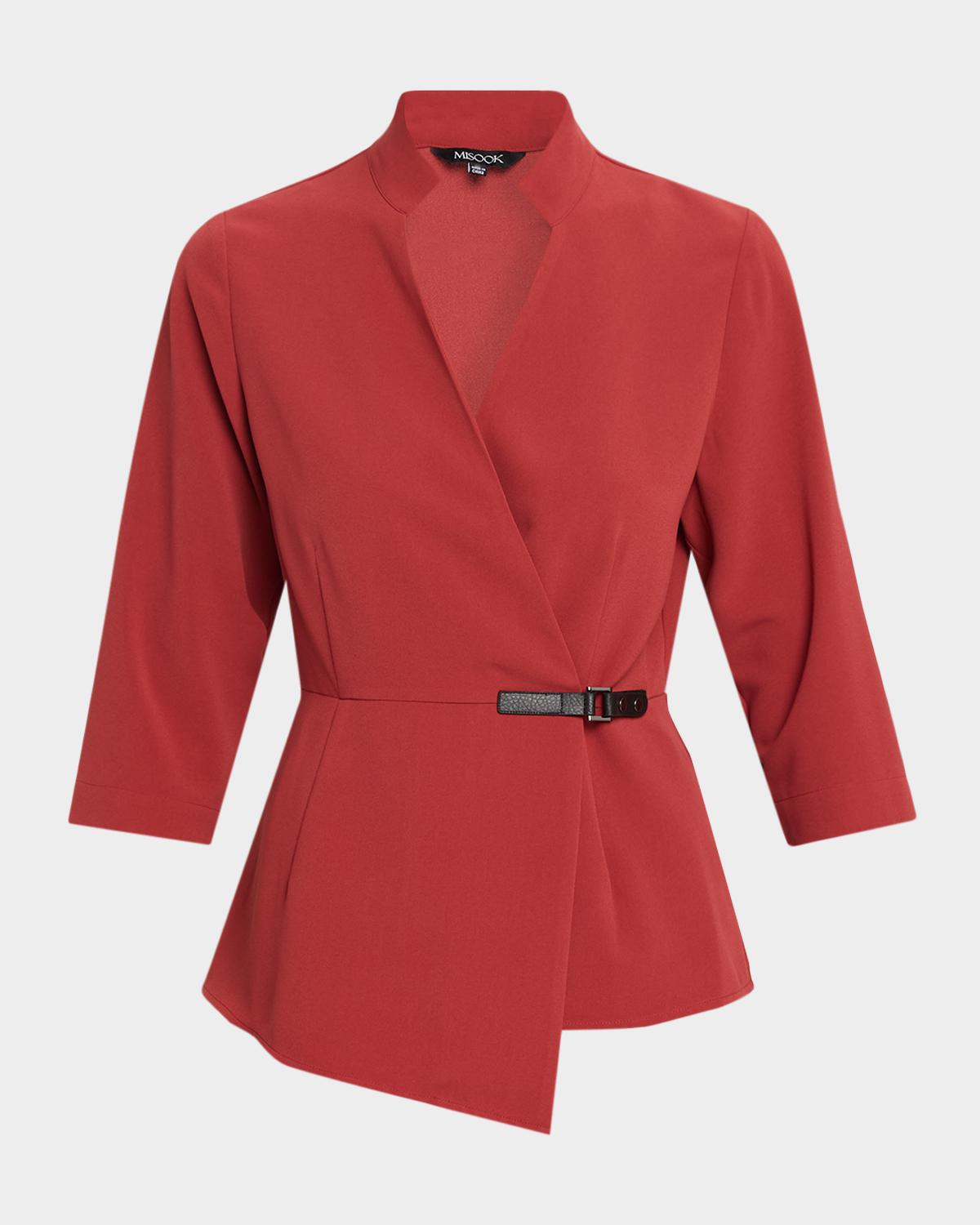 Misook Buckle Detail Crepe Wrap Blouse