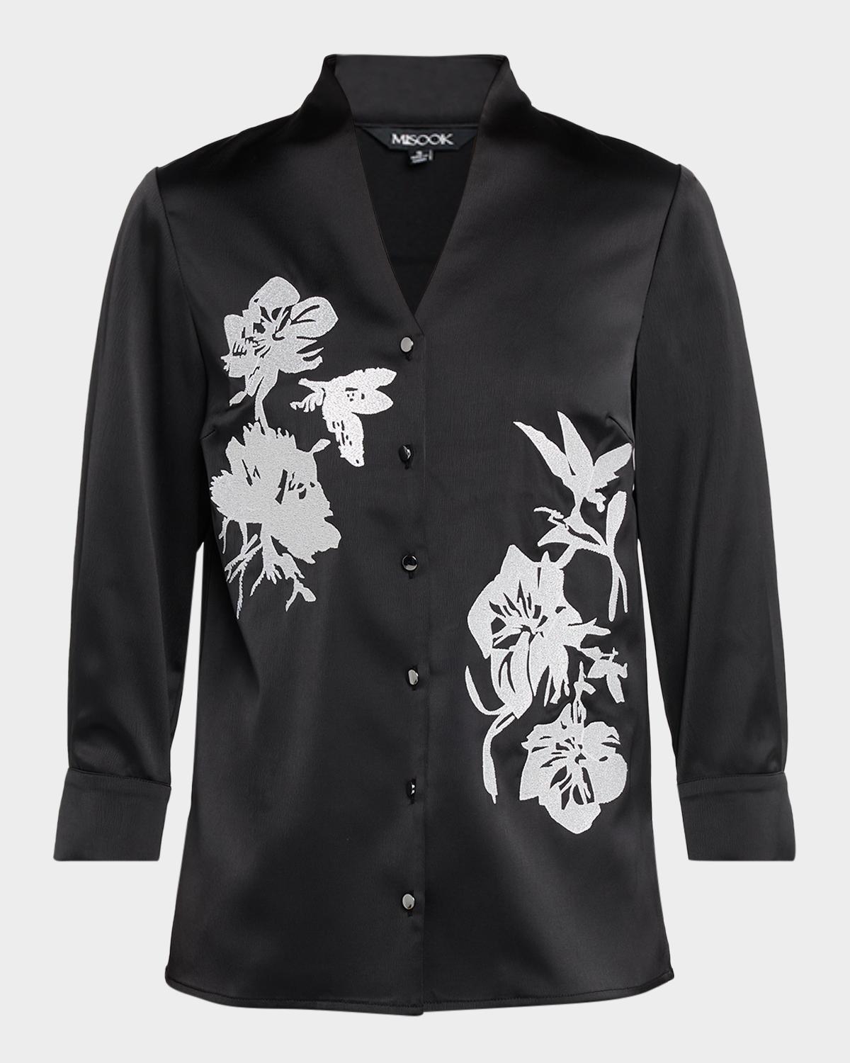 Misook Embroidered Crepe de Chine Blouse
