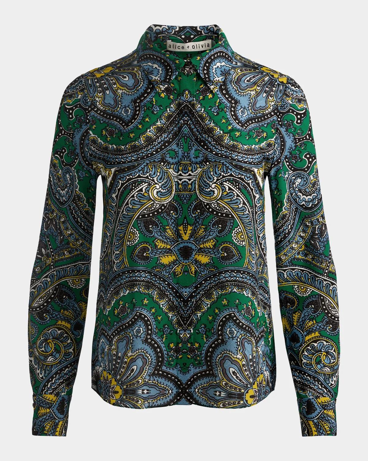 ALICE + OLIVIA Willa Paisley Silk Placket Top