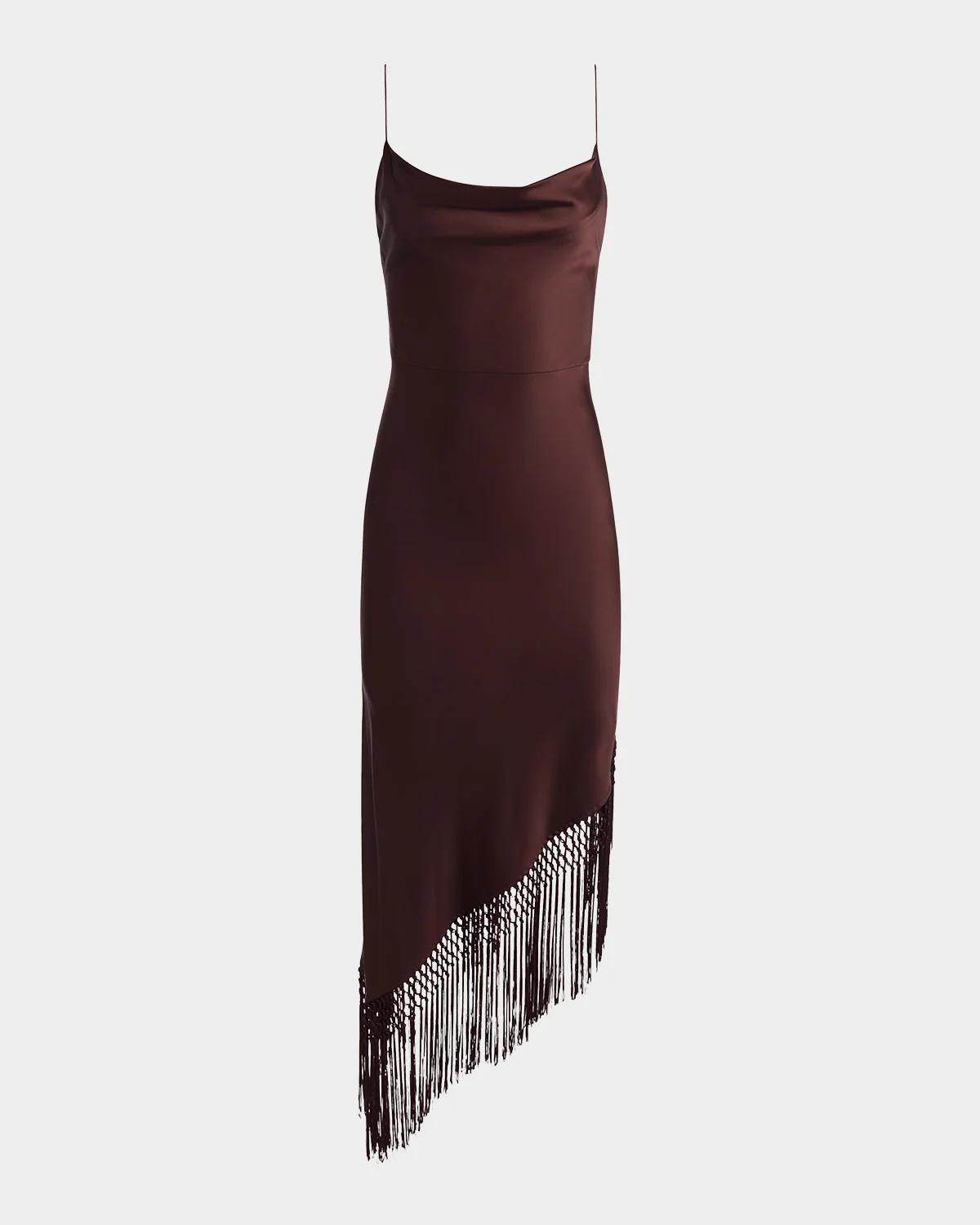 Alice And Olivia Harmony Drapey Slip Fringe Midi Dress In Dark Chocolate